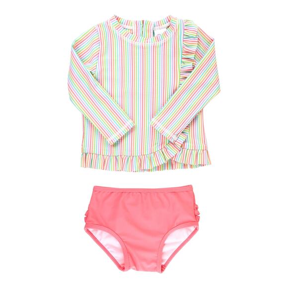Ruffle Butts Pink Multicolor Striped Ruffle Trim Long Sleeve Rashguard Swimsuit - Picture 1 of 11